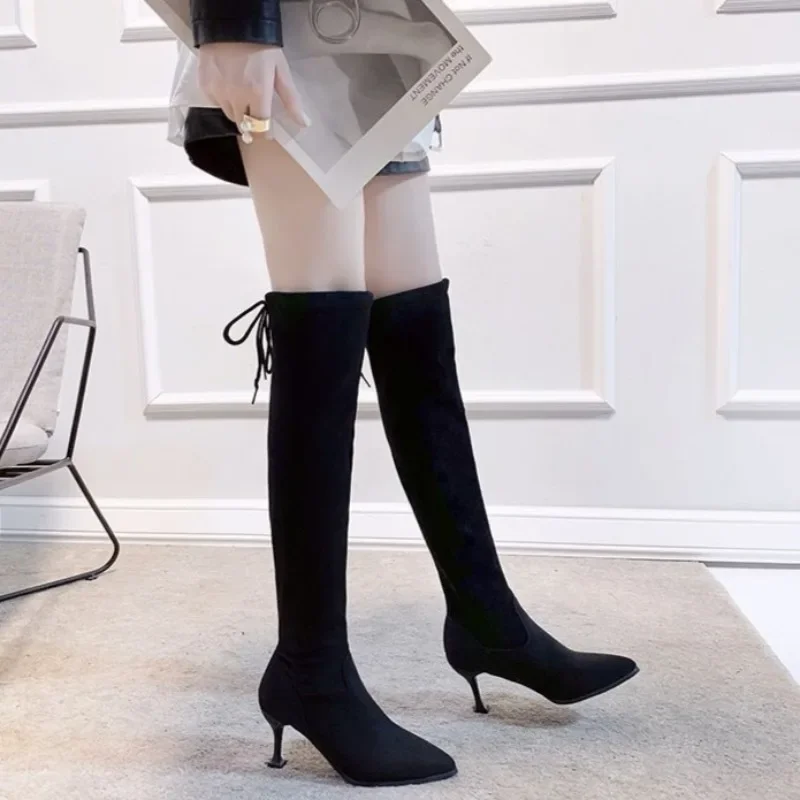 Pointed Toe Winter 2024 Elegant Heeled Women's Long Boots Heels on Promotion Fashion Sale Chic Boot Ladies Knee High Shaft Shoes