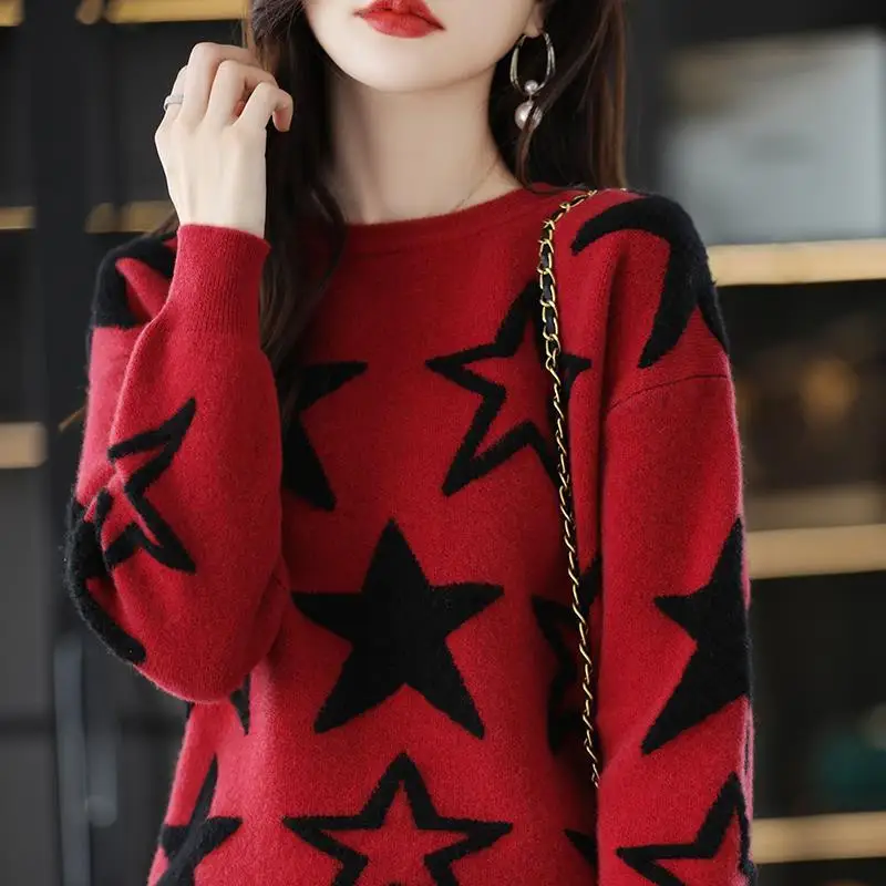 Autumn and Winter New Five Point Star O-Neck Pullover Bottom Sweater Women\'s Loose and Lazy Style Thickened Long Sleeve Knit Top