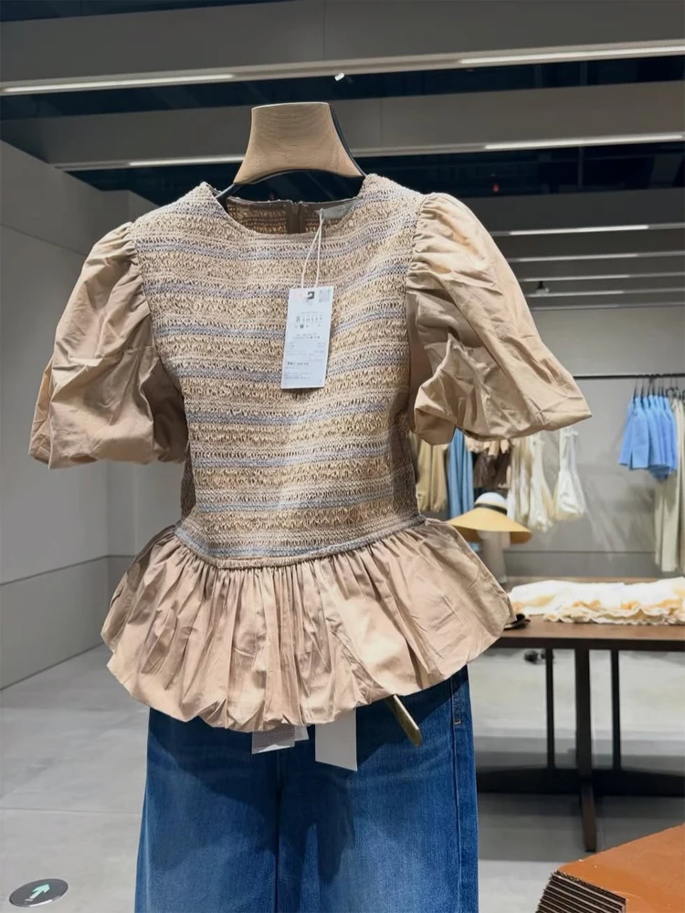 

Khaki Bubble Sleeve Corset Women's Shirt Clothing Round Neck Striped Ruched Blouse Top 2026 New Summer Casual Lady Daily Outfits