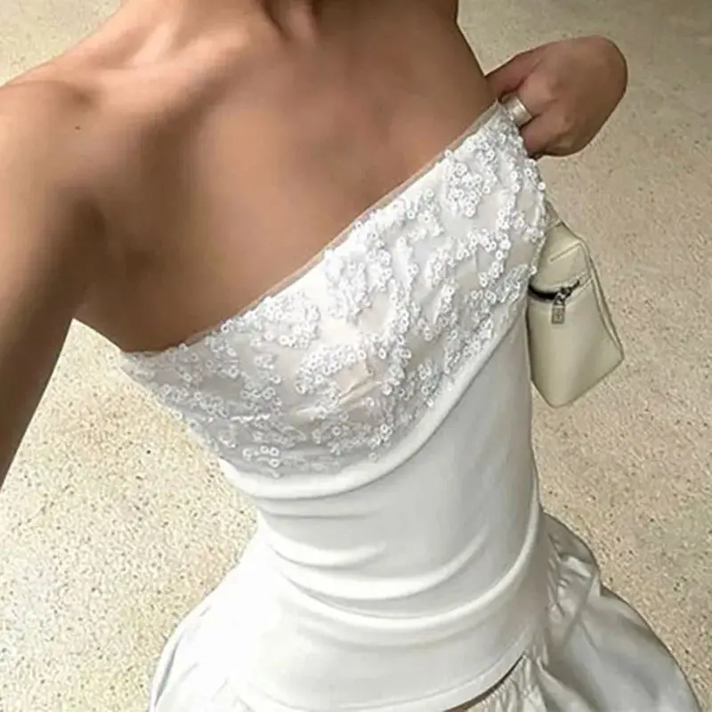 Splicing strapless off-the-shoulder top for women