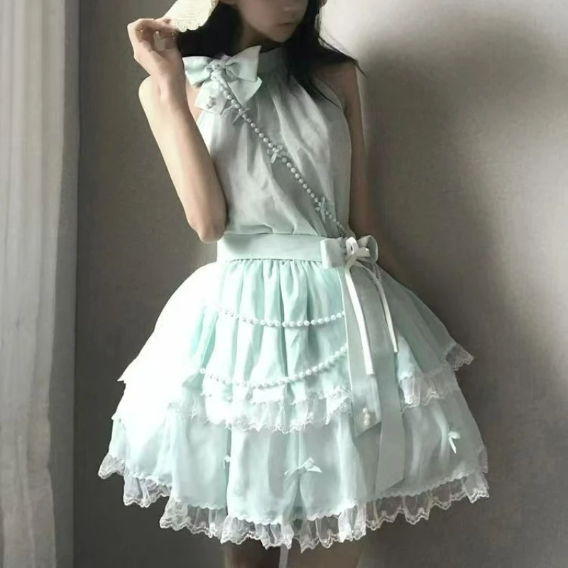 Japanese Sweet Lolita Princess Dress Women Vintage Elegant Bow Mesh Slim Sleeveless Dresses Kawaii Y2k Evening Party Mini Dress