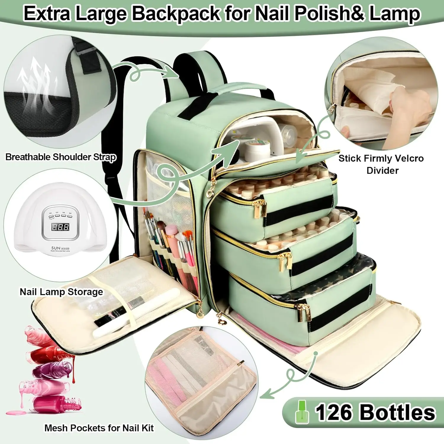 Plecak na lakiery do paznokci o bardzo dużej pojemności, na 126 butelek, z lampą UV, przenośna torba podróżna (zielony)