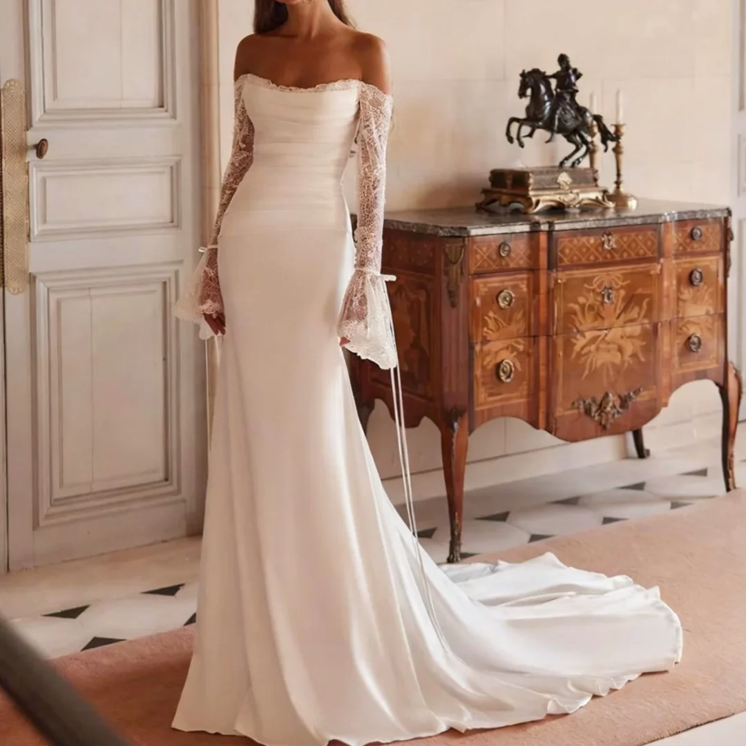 Charming Mermaid Wedding Dresses Off The Shoulder Long Sleeves Bridal Gowns Glitter Beads Back Sweep Train Robes de Mariee