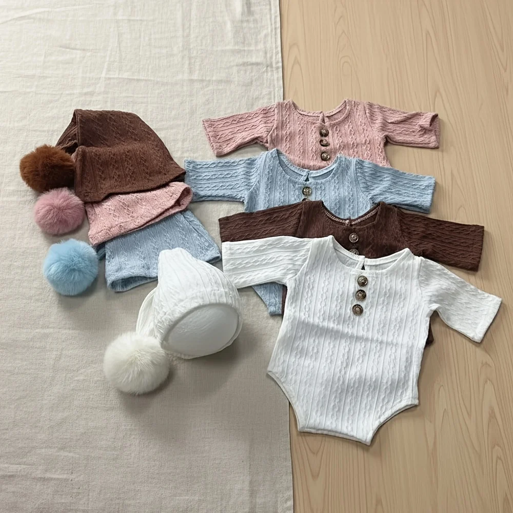 Newborn Photography Props Romper Long Tail Hat Set Soft Knitted Baby Jumpsuit Outfit Infant Photo Shoot Skin-friendly Costume