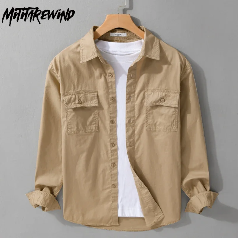 

Spring Fall Japan Style Cargo Shirt Men Casual Pure Cotton Tops Solid Lapel Double Pockets Long Sleeve Shirts Man Youth Clothing