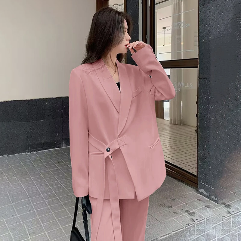 Costume pantalon formel pour femme, tenue deux pièces drapée, manteau sur mesure et pantalon à jambes larges, tenue de travail solide pour l\'automne