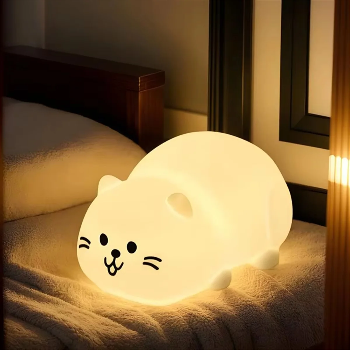 

【Last-Chance!】{Animal Night Light Tap Control Cat Bedside Table Lamp Cute 3-Level Dimmable Rechargeable Light for Home Decor