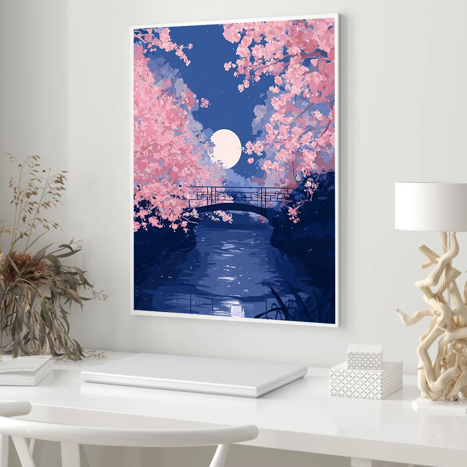 

GATYZTORY Simple Painting By Numbers Illustration Pink Blue Purple Landscape Hand Drawing Canvas Coloring By Numbers Wall Decor