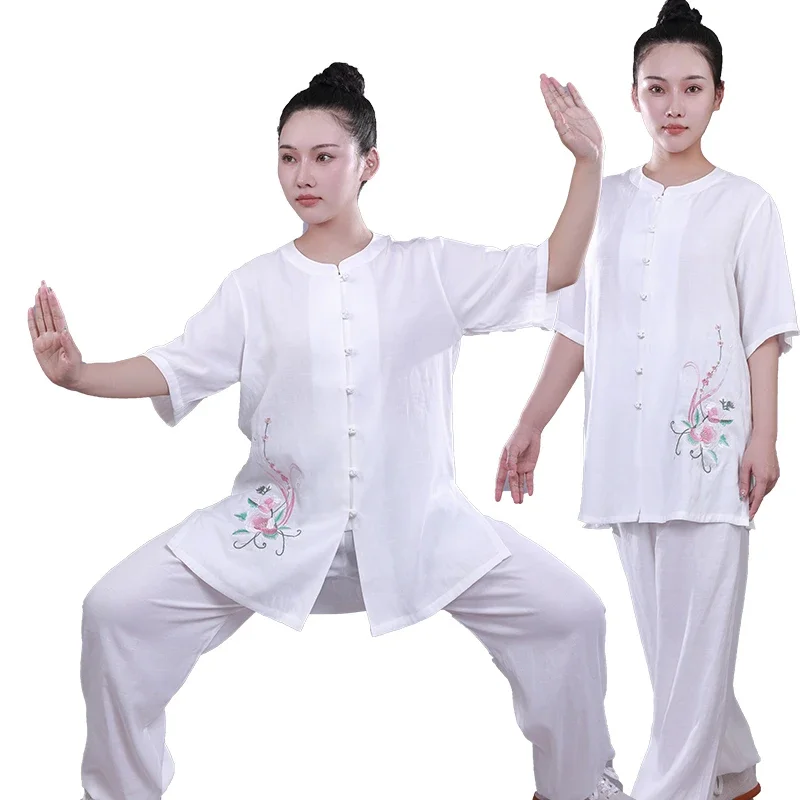 Kung Fu sukienka Wushu odzież Tai Chi ubrania sztuka walki jednolite kobiety dziewczyna Kun mistrz haft z krótkim rękawem 2023 w nowym stylu