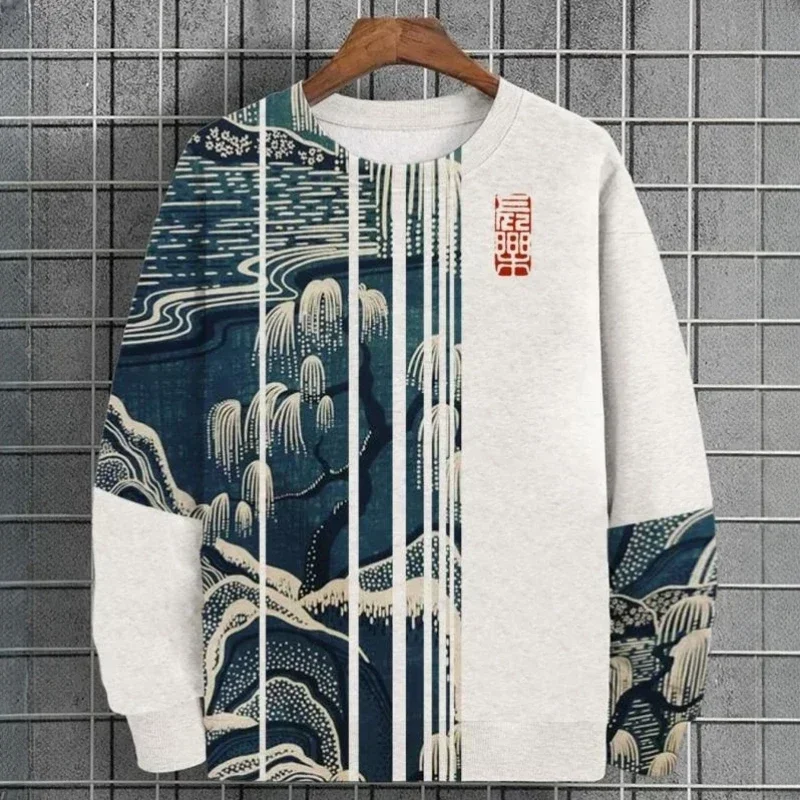 

3D Printed Ukiyoe Men's Sweatshirt Autumn Oversized Round Neck Jacket Top Loose Casual Street Sweatshirt