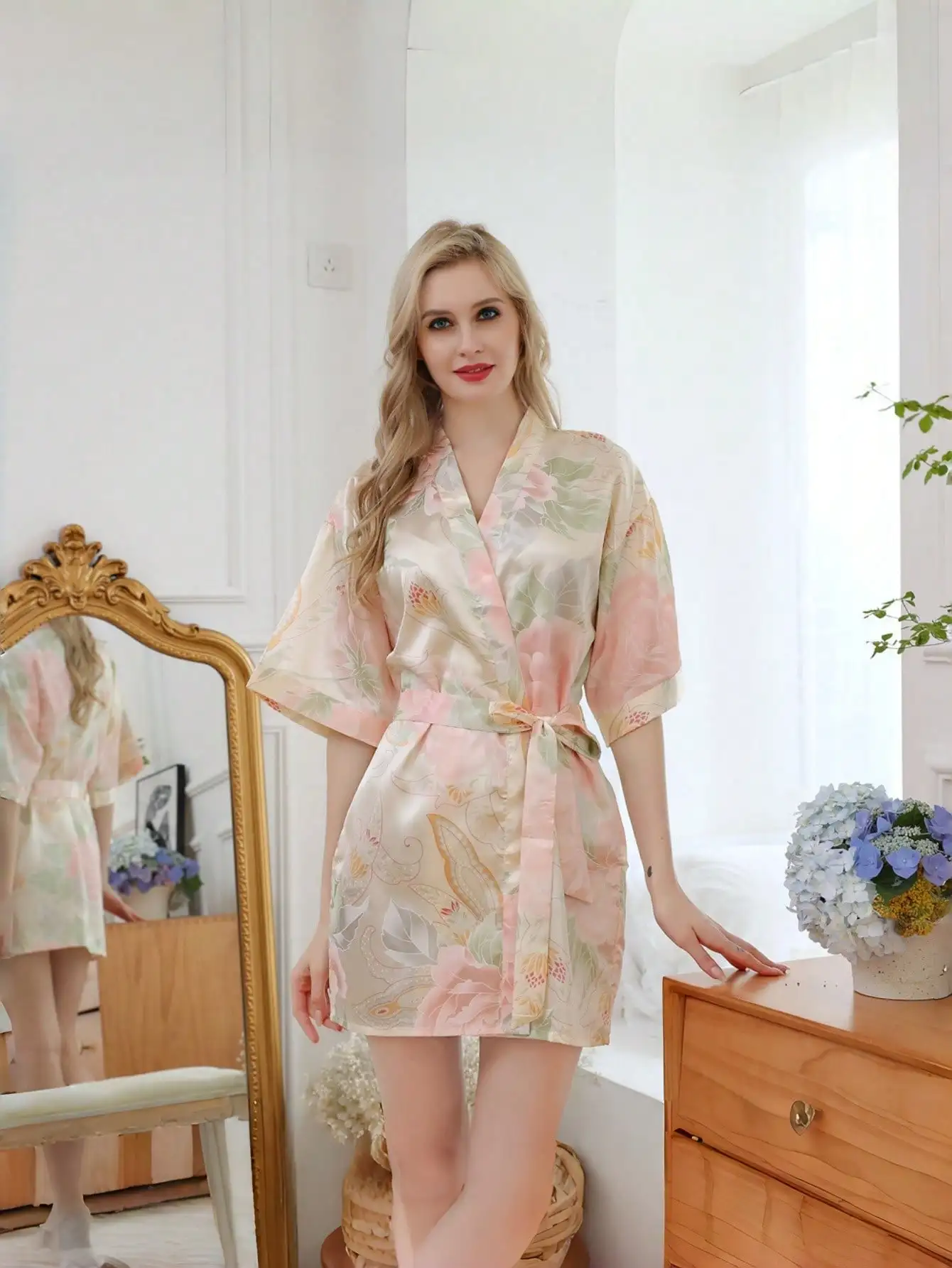 Women's Summer Satin Robe, Floral Printed Short Sleeve V-Neck Kimono, Quick Dry Lightweight Bathrobe With Tie Belt, Trending Hot Summer Sleepwear Loungewear For Ladies