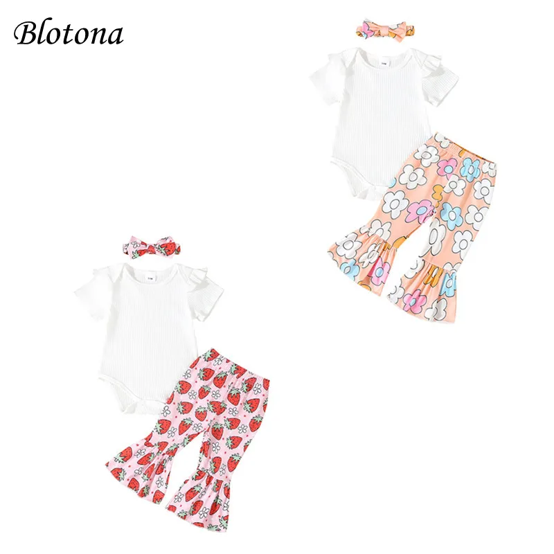 

Blotona Baby Girls Set Adorable Ruffles Short Sleeve Round Neck Romper Flower Strawberry Print Trousers Hair Band Outfits 0-24M