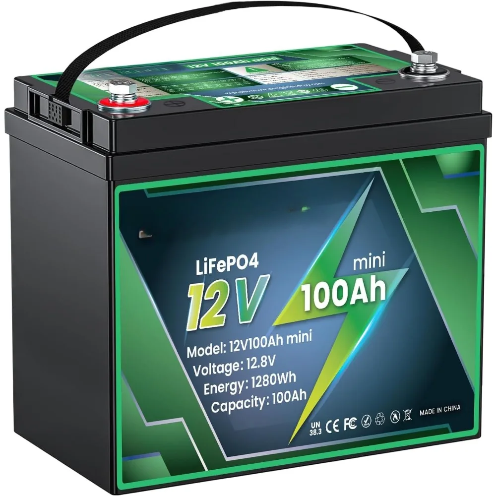 

Mini 12V 100Ah LiFePO4 Lithium Battery, 100A BMS 1280W Energy Small Size,8000+ Deep Cycle Marine Battery 12V, Lithium Batteries