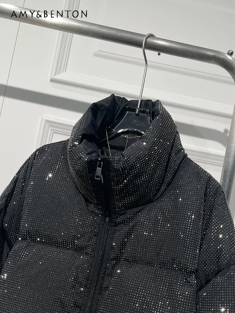 Fashion Heavy Industry Bright Diamond Thickened Jacket Women Autumn Winter Trend Loose Slim Versatile White Duck Down Jackets