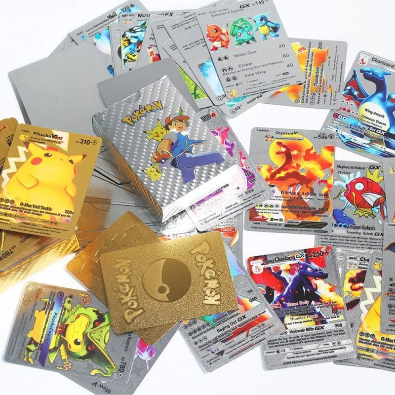 55PCS Pokemon Action Figure Anime Cards English Spanish French German Pokemon Cards Set Gold Silver Black Party Games Deck Box