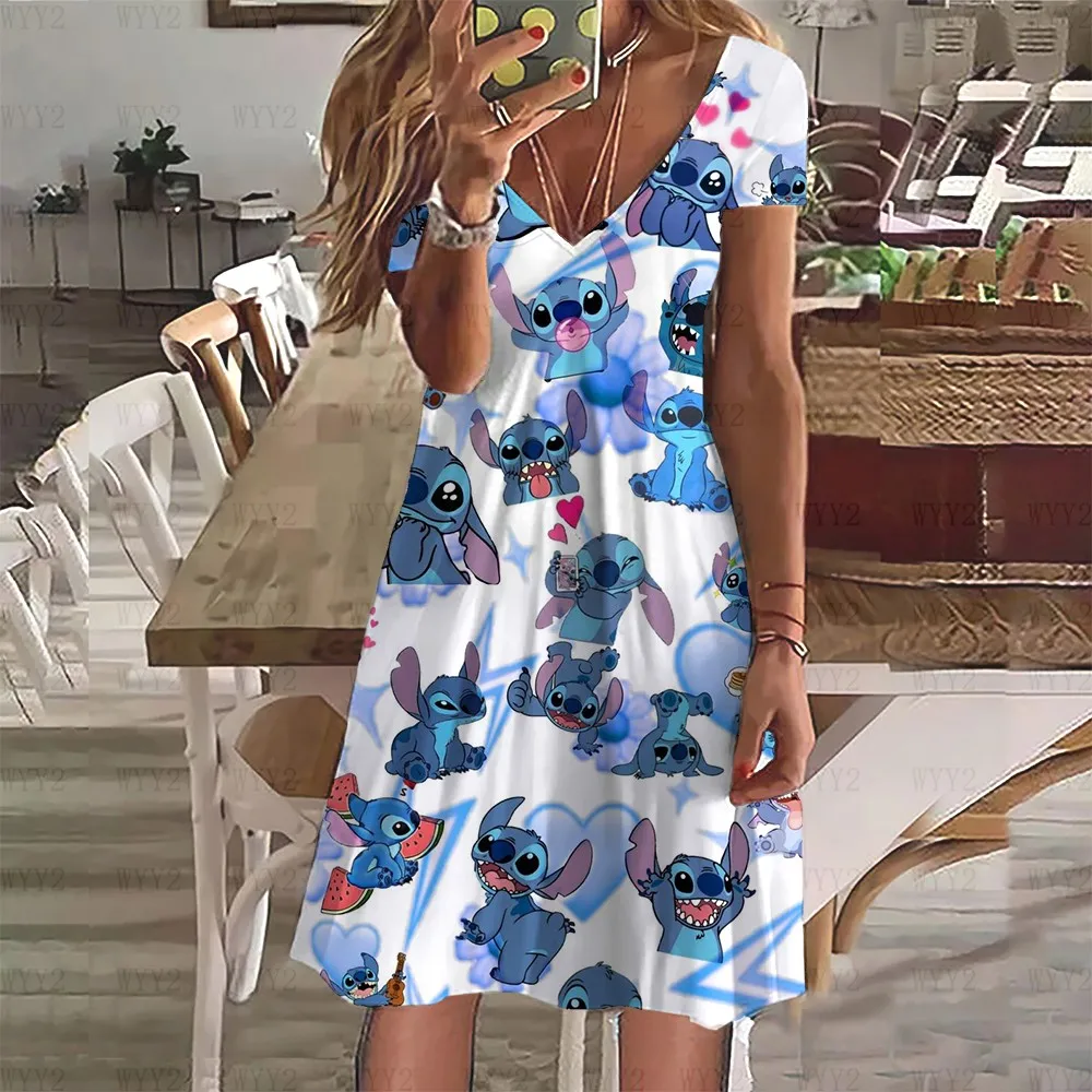 Elegantes und modisches, lockeres Sommer-Damen-Rollenspiel-Kleid mit V-Ausschnitt, lässiger und bequemer cooler Strandrock mit Disney-Stitch-Aufdruck