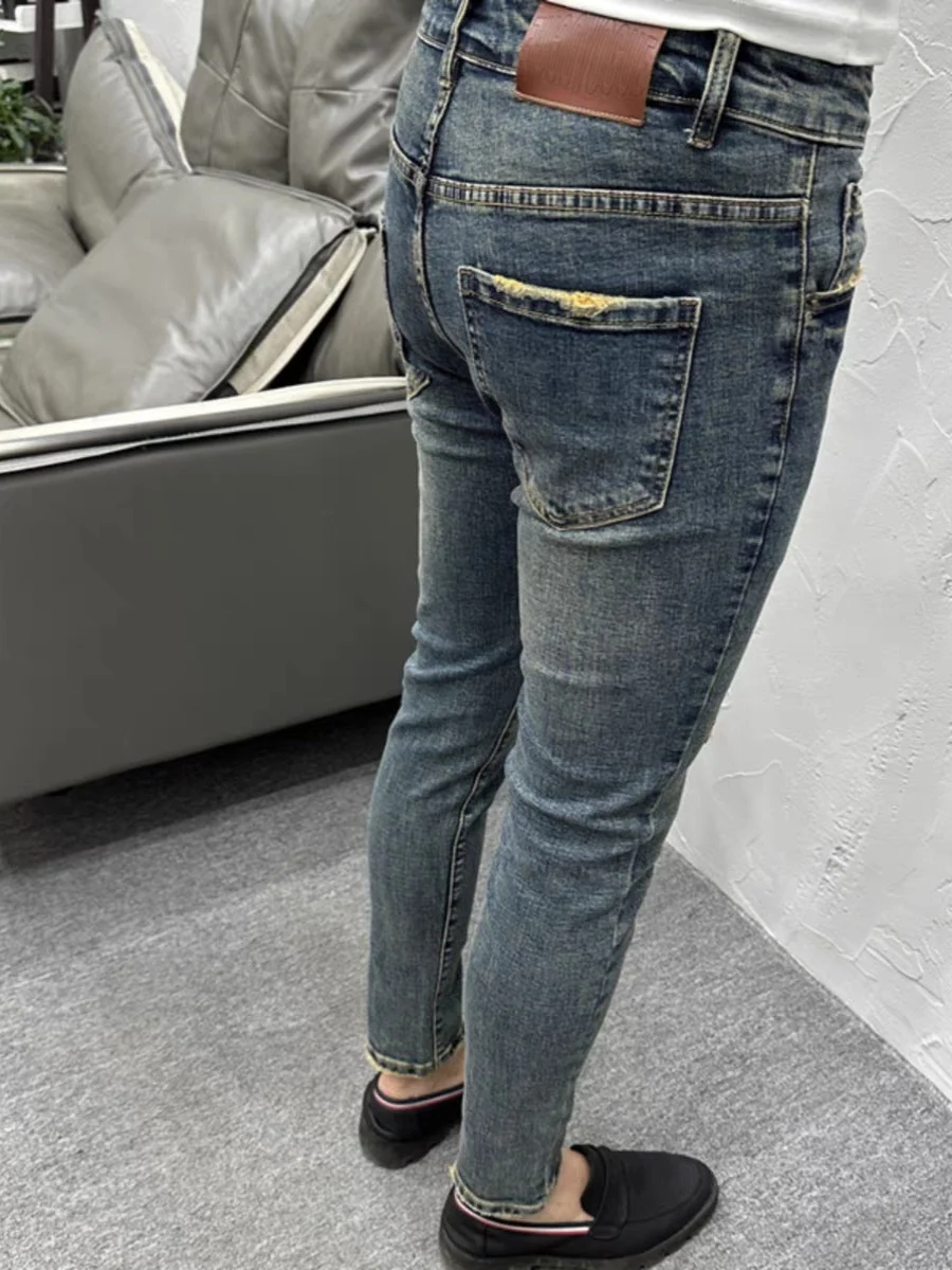 

High-End Men's Vintage Faded Denim Jeans Slim Fit Elastic Trendy Long Pants Tear Wear Resistant Low Waist Zipper Casual Jeans