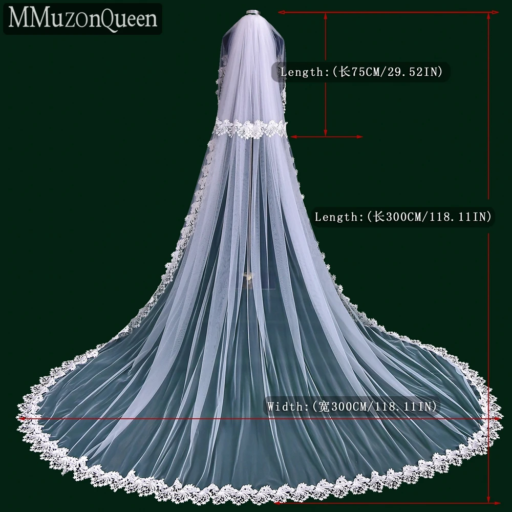 M23 2 Tier Long Cathedral Veil Sparkle Lace White Long Veil With Hair Comb Off-white Bridal Wedding Long Drag Veil