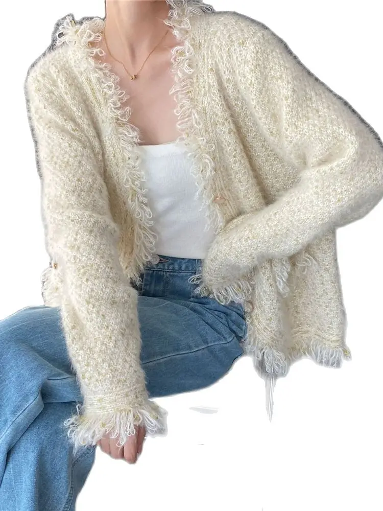 

DressWomen'S Knitted Cardigan Coat With Fur Tassel Top, Monochromatic, Casual Commuter, New Fashion, Spring And Autumn, 2024