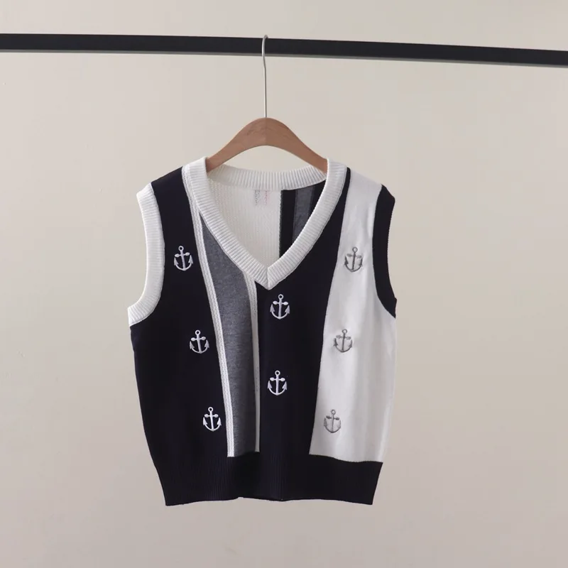 Autumn New Body Boat Anchor Pattern Machine EmbroideryVCollar Sleeveless Knitwear Vest All-Matching