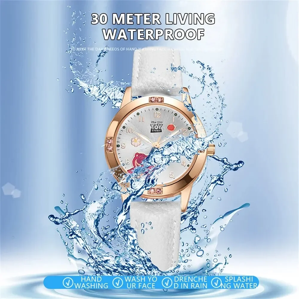 Disney นาฬิกาเด็ก PU หนังนาฬิกาข้อมือควอตซ์สตรอเบอร์รี่หมีนาฬิกาน่ารักสําหรับเด็กการ์ตูน Dial Montre Femme