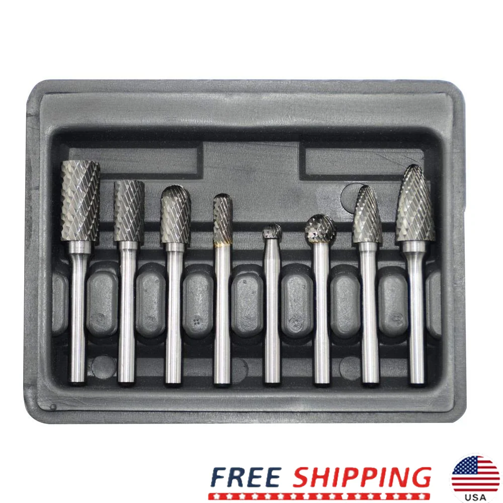 8pcs Tungsten Carbide Burr Set 1/4'' Shank Double Cut Rotary Files Grinder Metal Wood Kit SA-5 SC-3 SD-1 SF-5 Multi Purpose Tool