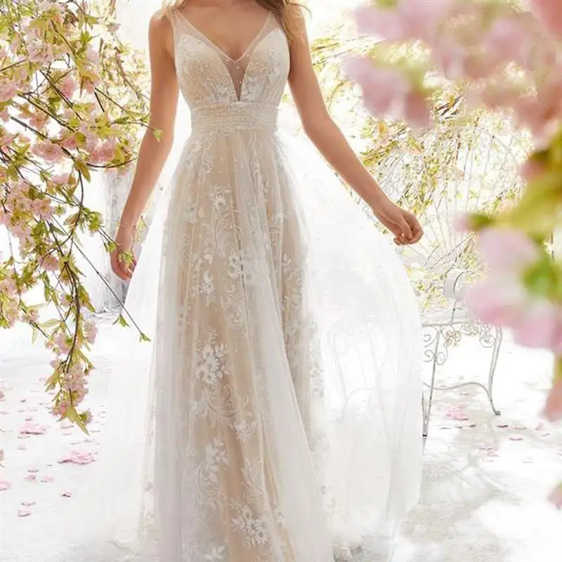 Sexy V-neck Sleeveless Lace Wedding Dress 2024 New Arrival mid Waist Princess Skirt Style Wedding Gown for Women