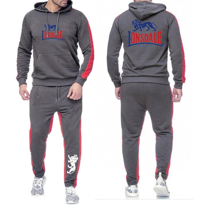 

Spring Autumn New Lonsdale Printing Men Solid Color Tracksuit Pullover Hoodies + Sweatpants Casual Harajuku Comfortable Man Suit