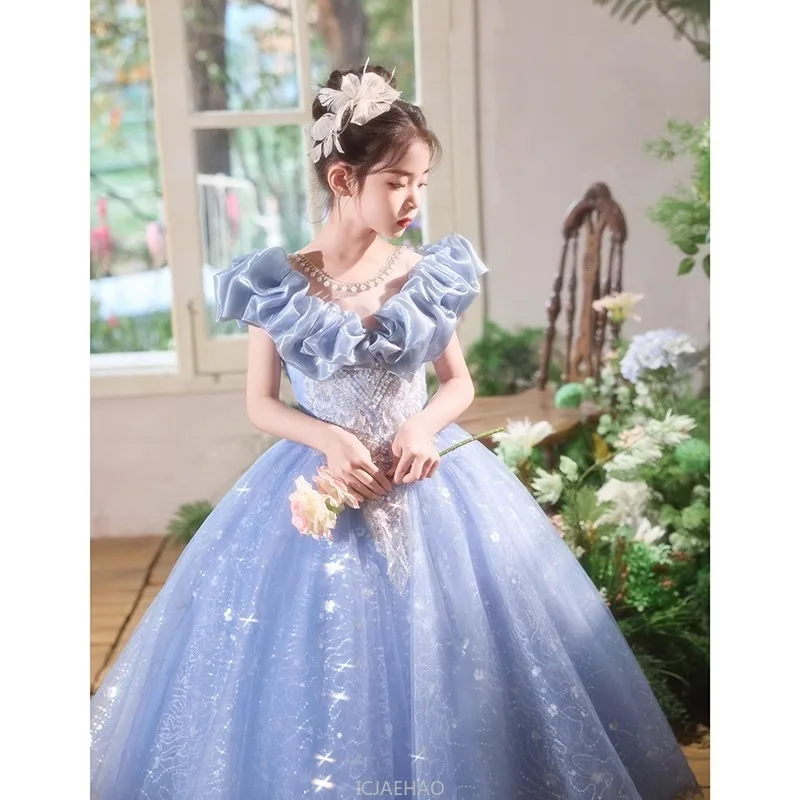 

Luxury Princess Gown Birthday Party Blue Girls Evening Dress Pageant Outfit Kid Piano Recital Performance Formal Clothes Dresses