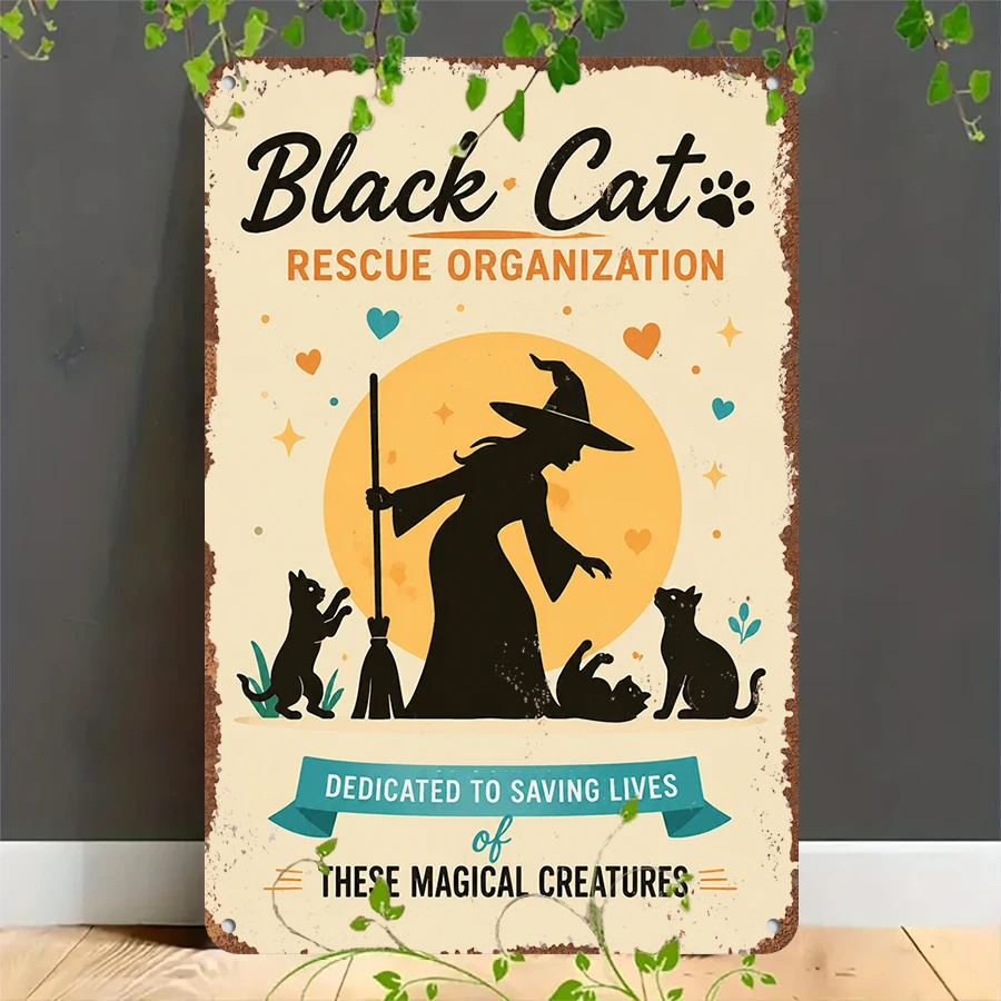 2D flat retro metal tin plate, Black Cat Rescue Organization Witch Tin Sign, Suitable for home, garage, café, bar and garden decoration