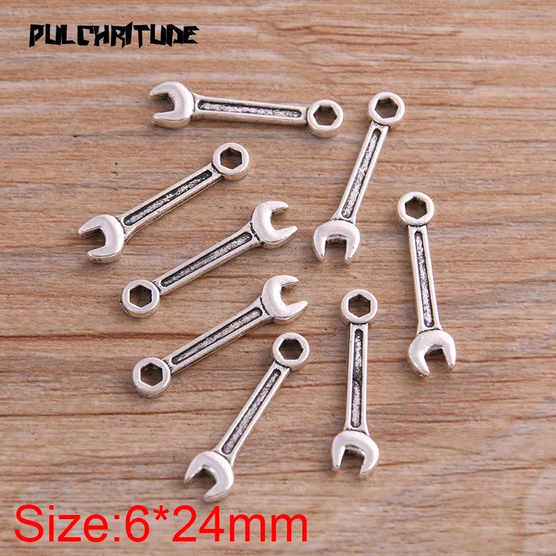 PULCHRITUDE 14PCS 6*24mm Two Color Metal Zinc Alloy Daily Necessities Tool Wrench Charms Fit Jewelry Pendant Charms Makings