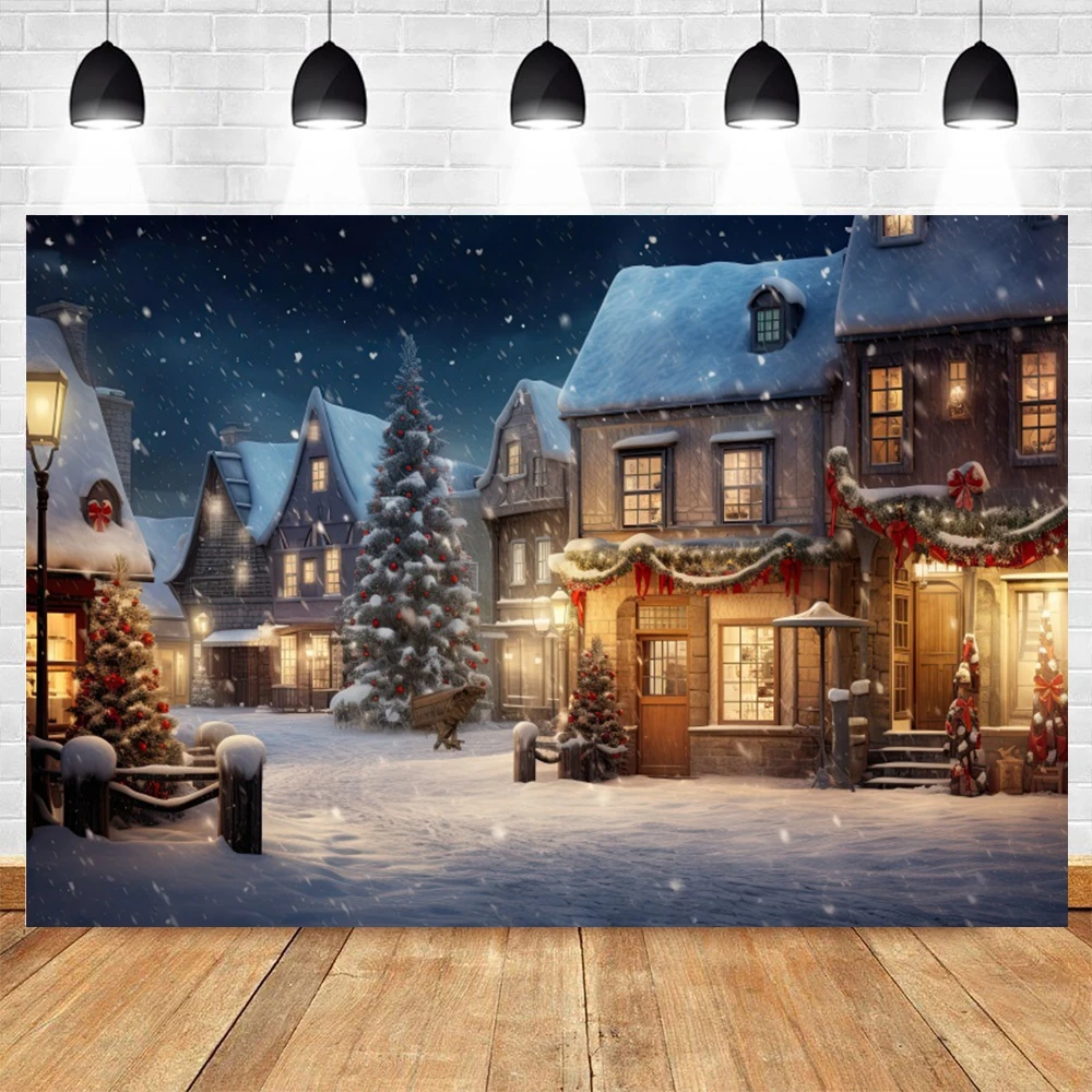 Christmas Town Background Tree Lights Outdoor Backdrop Photography Kids Xmas Eve Winter Party Photo Studio Photobooth Props