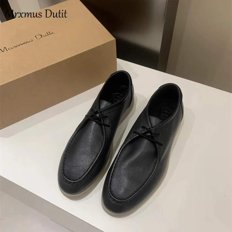 Mrxmus Dutit 2023 Autumn Fashion Men New Genuine Leather Flat Commute Style Shoes Lacing Solid Color Casual Simple Male Chic