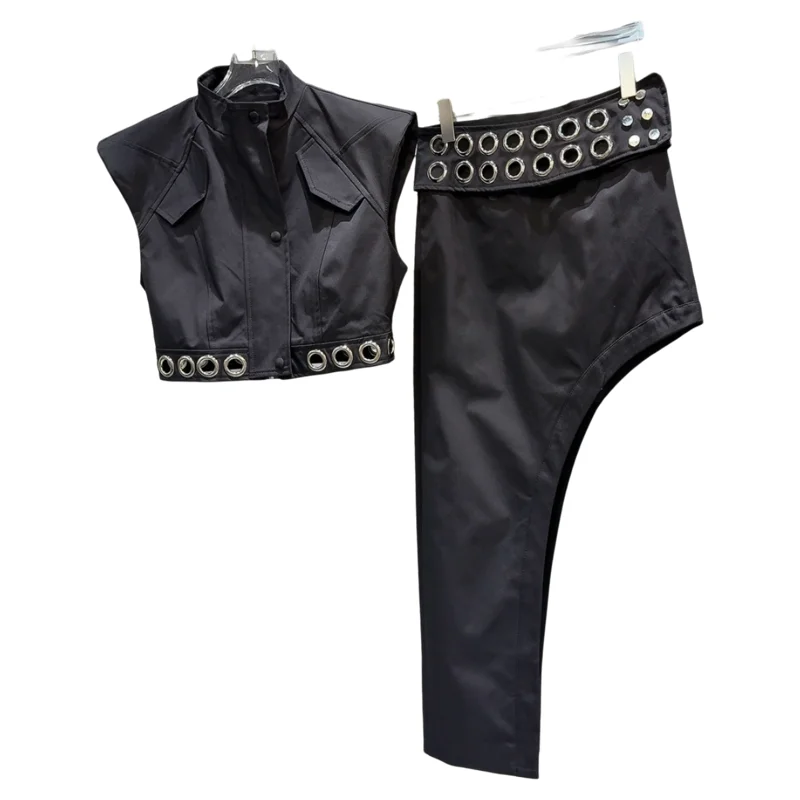 ربيع 2026 العصرية حلقة معدنية oulder وسادة سترة علوية غير متناظرة تنورة طويلة مجموعة المرأة Faion عادية Sle ألياف البوليستر