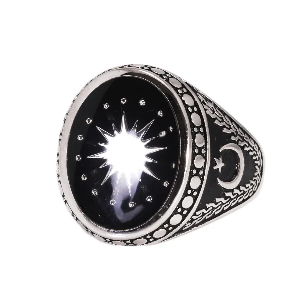 Original 925 Sterling Silver Turkish Rings for Men Muslim Signet Retro Design Star Moon Turkey Flag Jewelry Gift