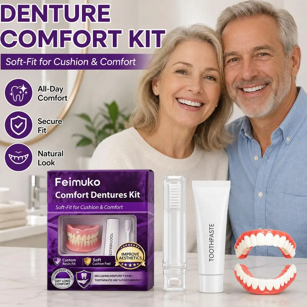 Full Set Natural Dentures Upper & Lower Silicone Fake Teeth Braces Comfort Fit Instant Smile Oral Care For Men Women 1/2/3pcs