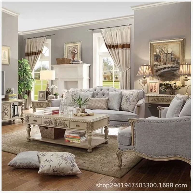 Solid wood sofa custom furniture villa hall reception sofa art pull button leisure double sofa