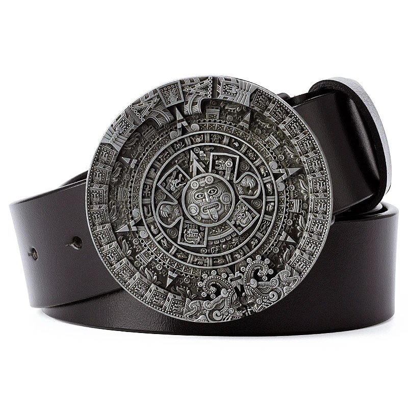 Indian Culture Aztec Sun Solar Calendar Pattern Maya Silvery Buckle Cowskin Leather Belt For Men Women