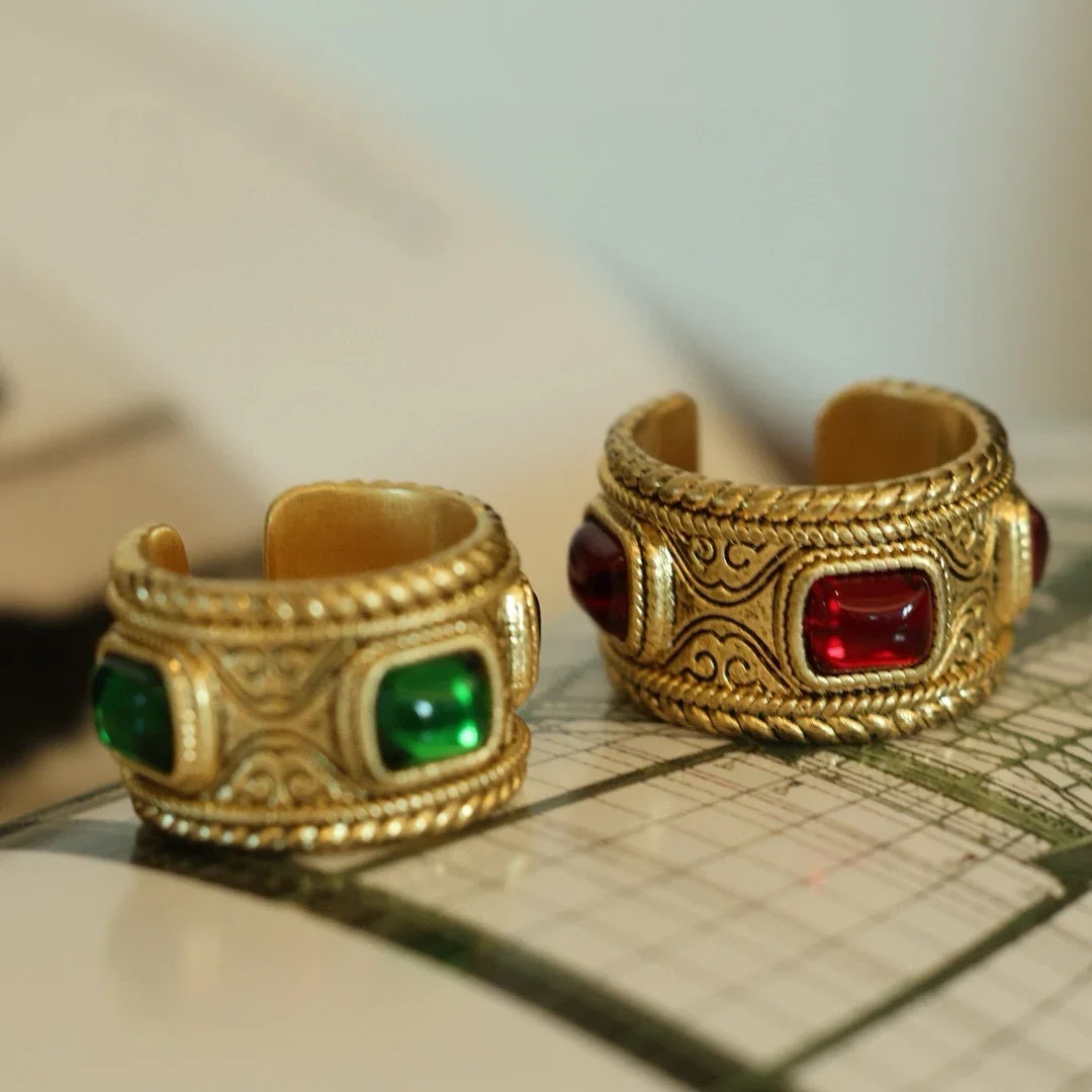 Europe America Red Green Glazed Ring Woman Vintage Jewelry Trend