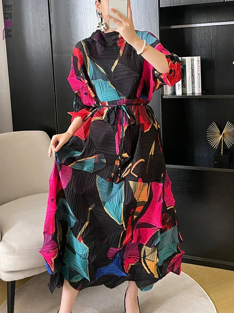 

EGRM Autumn 2024 New Pleated Miyake Maxi Long Dress Women Color Block High Collar Full Sleeved with Belt Loose Dresses 5GR1902