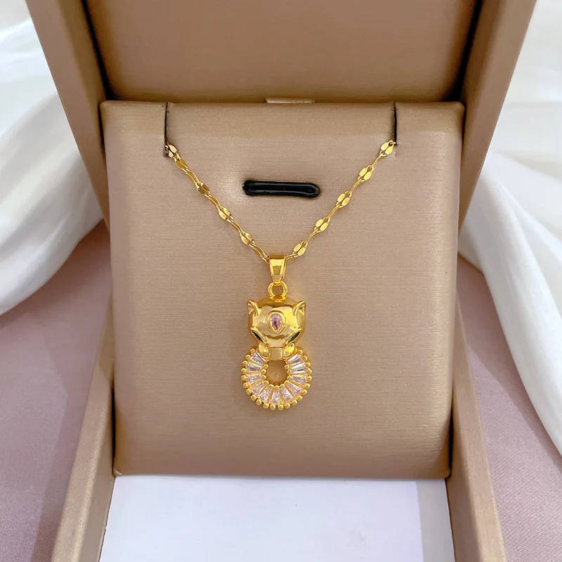 OIMG 316L Stainless Steel Elephant leopard Lion Animal Pendant Necklace Women Religious Exaggerate Luxury Jewelr