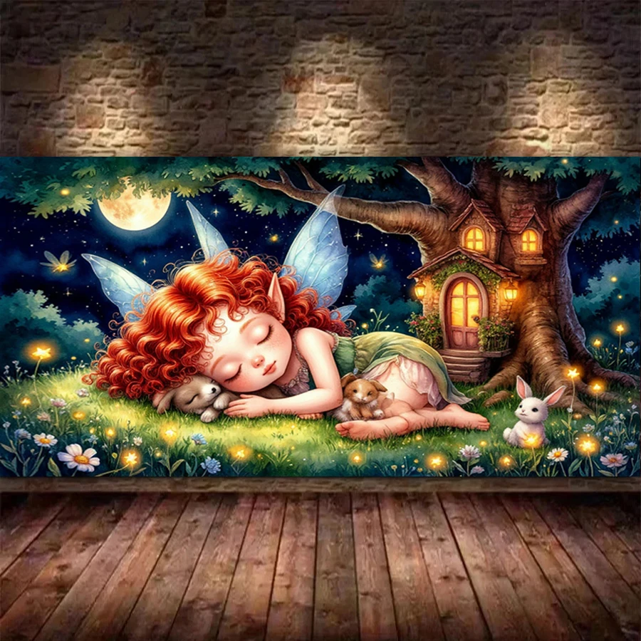 

Cartoon Elves Sleeping Large Size New Diy Diamond Art Painting Kits Night Fairy House Full Drill Mosaic Embroidery Picture