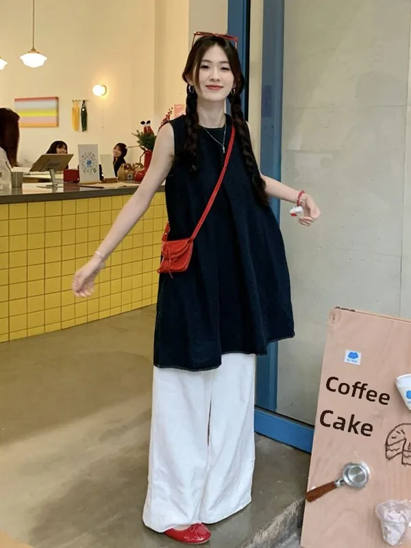 

Korean Sweet Cool Neighbors Retro Color Casual Set Sleeveless Vest Summer Loose Layered Top Bottoms Fashion Ensemble