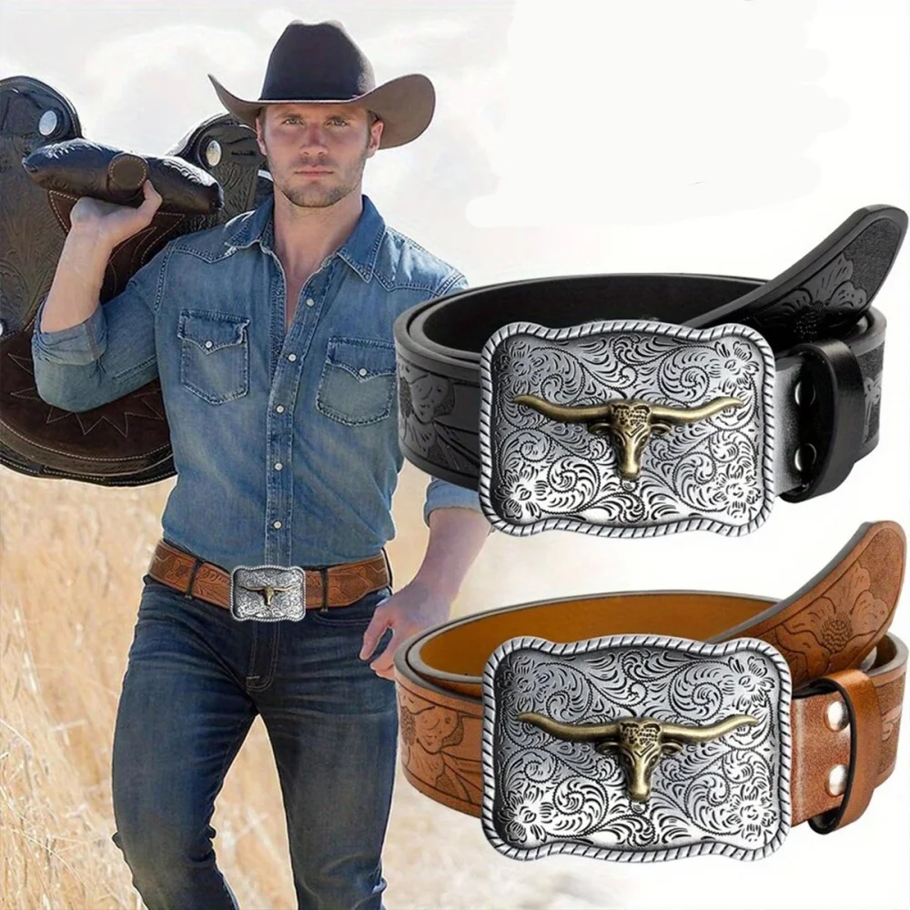 

Ремень Ox Head Belt шириной 3,8 см из искусственной кожи с резной пряжкой из сплава, в стиле ретро, для повседневной носки с брюками.