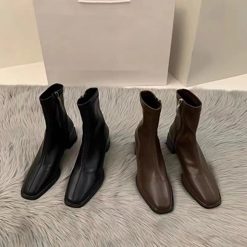 Elastic Socks Boots Fashion Ankle Boots Women High Heel Thicks  Heel Square Toe Short Boots Women Retro New Ladies Shoes