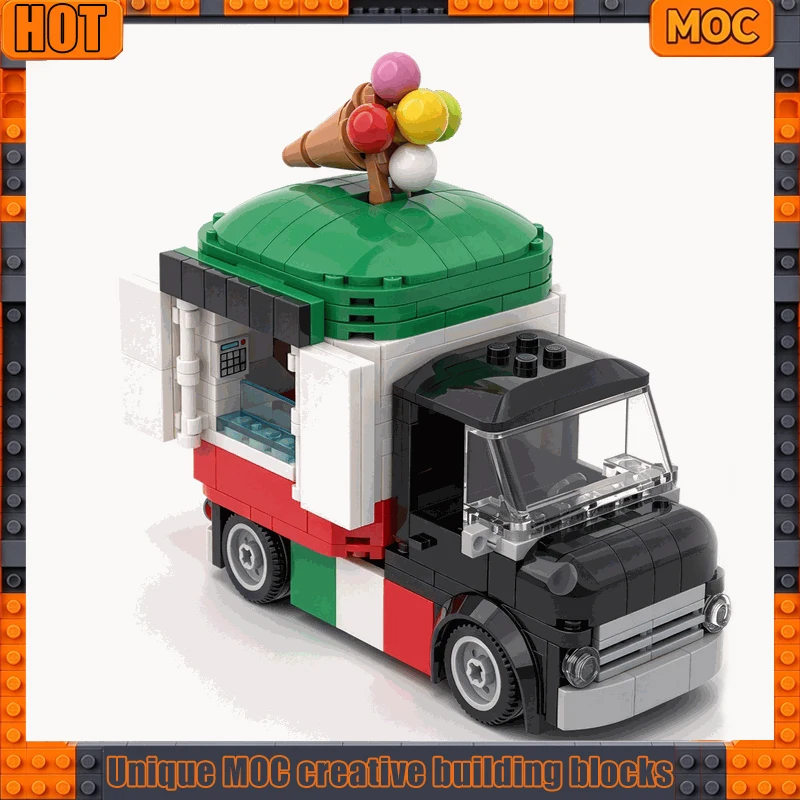 291PCS Gelato Ice Cream Truck City Street Food Vehicle Model Building Blocks MOC Custom Puzzle DIY Assembly Creative Toy Gifts