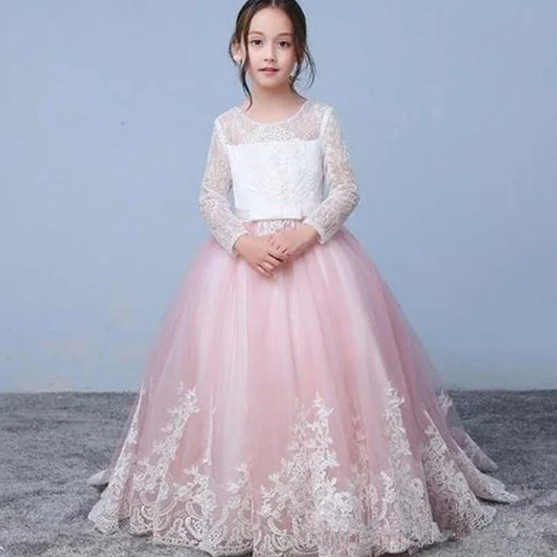 Pink Flower Girl Dress Lace manica lunga Jewel Hollow Applique per abito da spettacolo per ragazze della festa nuziale