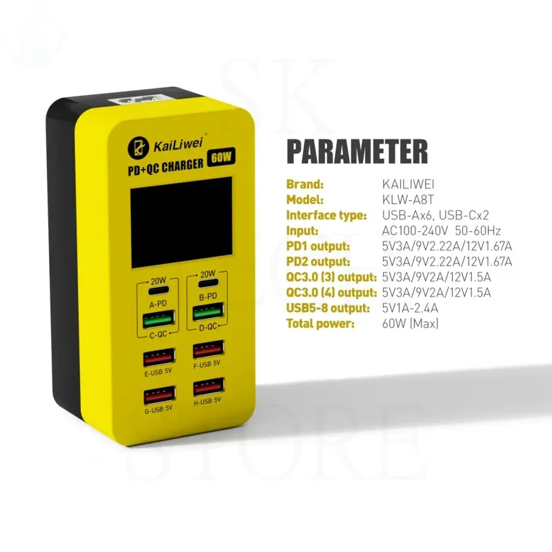 Kailiwei KLW A8T 8 Port Charger 60W High Power USB Plug Fast Charge For Mobile Phones Interface Socket