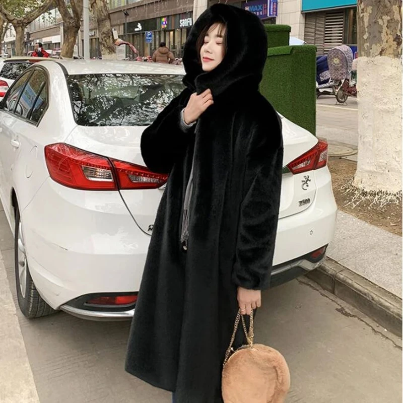 2024 Winter Women Hooded Faux Rabbit Fur Coat Luxury Long Fur Coat Loose Lapel OverCoat Thick Warm Plus Size Female Plush Coats