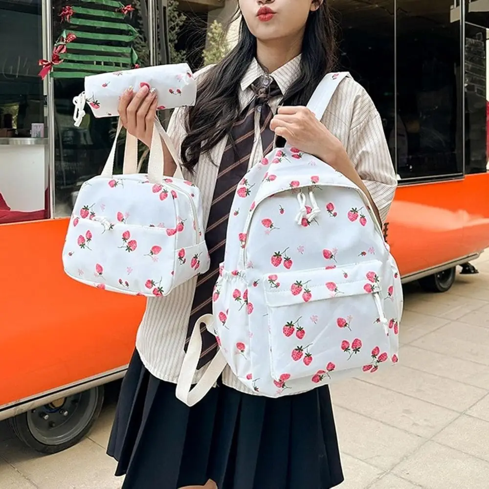 Oxford Cloth Strawberry Backpack Large Capacity Adjustable Laptop Backpack with Lunch Bag & Pencil Case Preppy Style School Bag